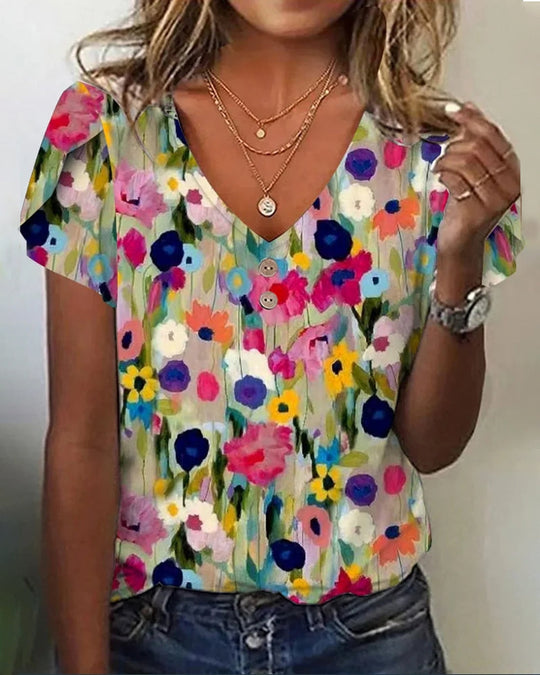 Nord Taschen | Kurzärmlige Farbenfrohe Blumenbluse mit V-Ausschnitt