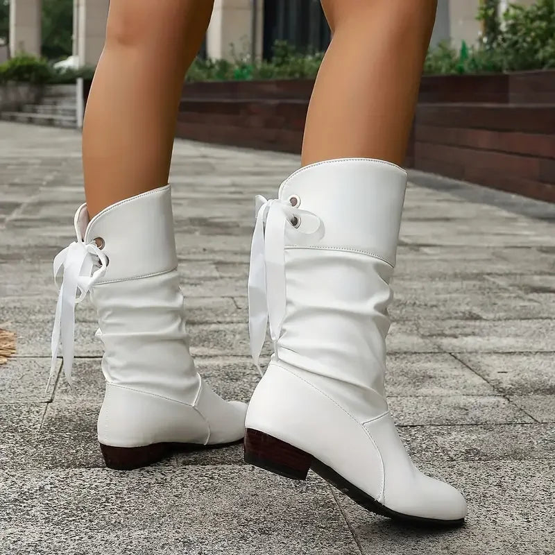 Damenmode Schnürung Chunky Heel Stiefel Bis Zur Wade
