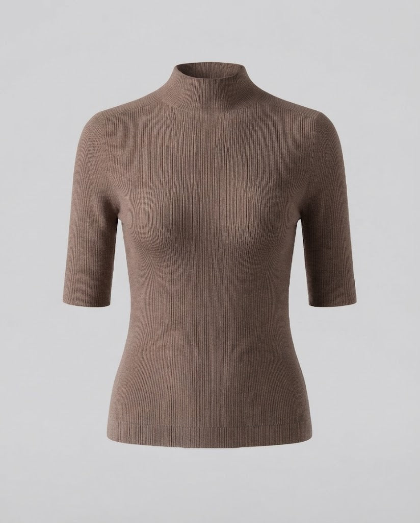 Damen Halbarm Feinstrickpullover mit kurzem Stehkragen und figurbetonter Passform Nord Taschen
