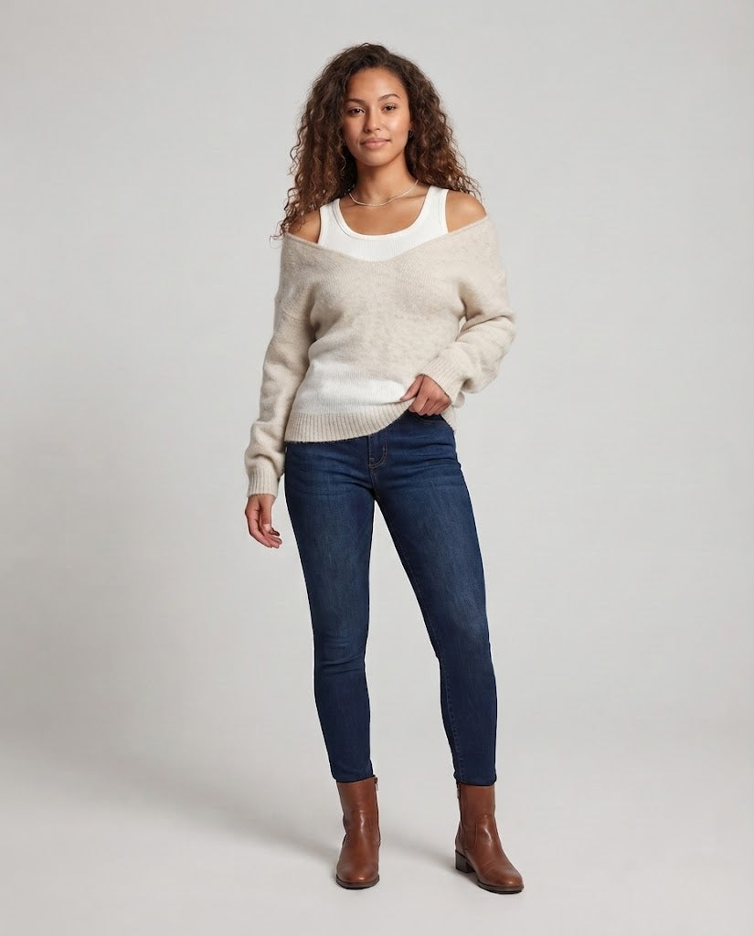Damen Oversize Strickpullover mit Ein‑Schulter‑Layering und flauschiger Mohairoptik Nord Taschen
