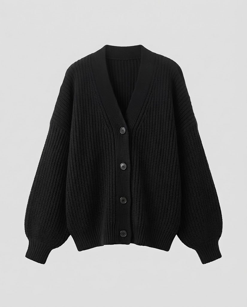 Damen Oversize-Rippstrick-Cardigan mit tiefem V-Ausschnitt, voluminösen Ärmeln und breiter Knopfleiste Nord Taschen