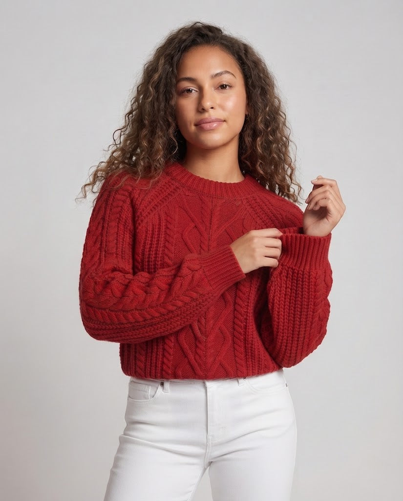Damen Boxy-Pullover mit Zopfstruktur, Ajour‑Einsatz und weichem Flor Nord Taschen