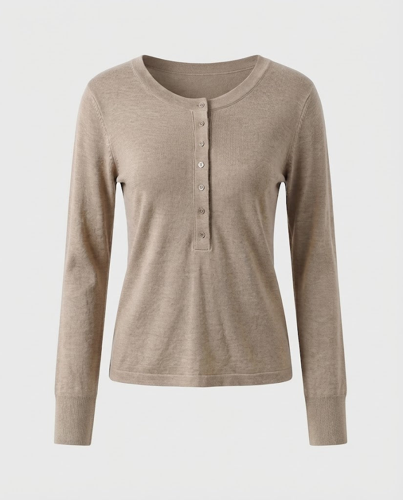 Damen Feines Langarm-Henley aus Feinstrick mit knöpfbarer Mittelblende und schmaler Passform Nord Taschen