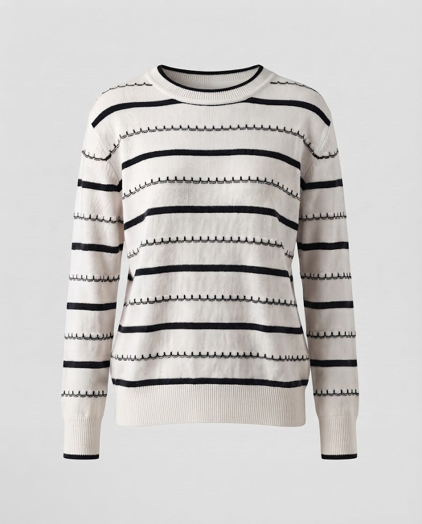 Damen Gestreifter Feinstrickpullover mit Ziernaht und Rundhalsausschnitt Nord Taschen