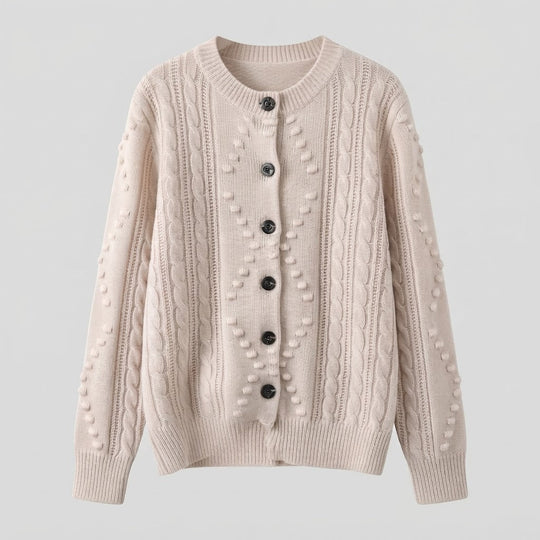 Damen Feinstrick-Cardigan mit Zopfmuster, Noppen-Ajour und Rundhalsausschnitt Nord Taschen