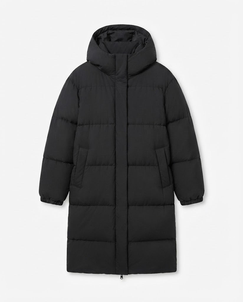 Damen Nan Ultra-Watt-beschichtete Longline-Pufferjacke mit ergonomischer Kapuze, verdecktem Druckknopfverschluss und thermoregulierender Isolierung