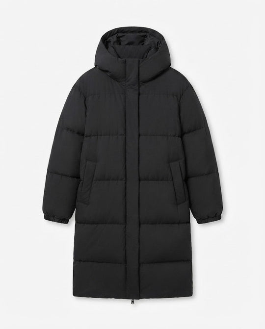 Damen Nan Ultra-Watt-beschichtete Longline-Pufferjacke mit ergonomischer Kapuze, verdecktem Druckknopfverschluss und thermoregulierender Isolierung