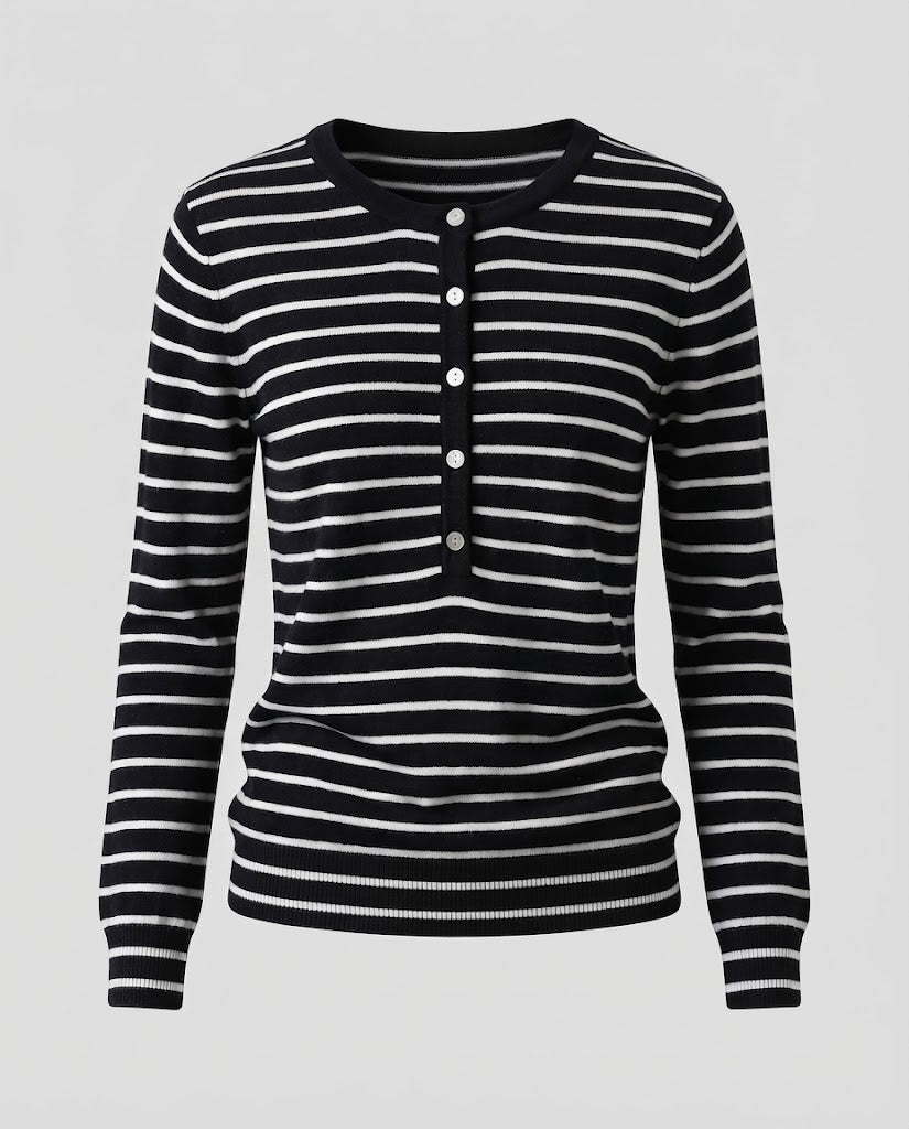 Damen Gestreifter Henley-Feinstrickpullover mit Knopfleiste Nord Taschen