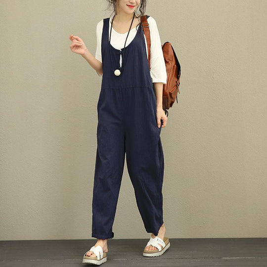 Damen Lässiger Baumwoll-Overall mit weitem Bein und verstellbaren Trägern Nord Taschen