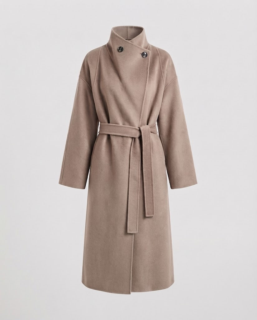 Damen Longline‑Mantel mit hohem Stehkragen, taillierendem Bindegürtel und überschnittenen Ärmeln Nord Taschen