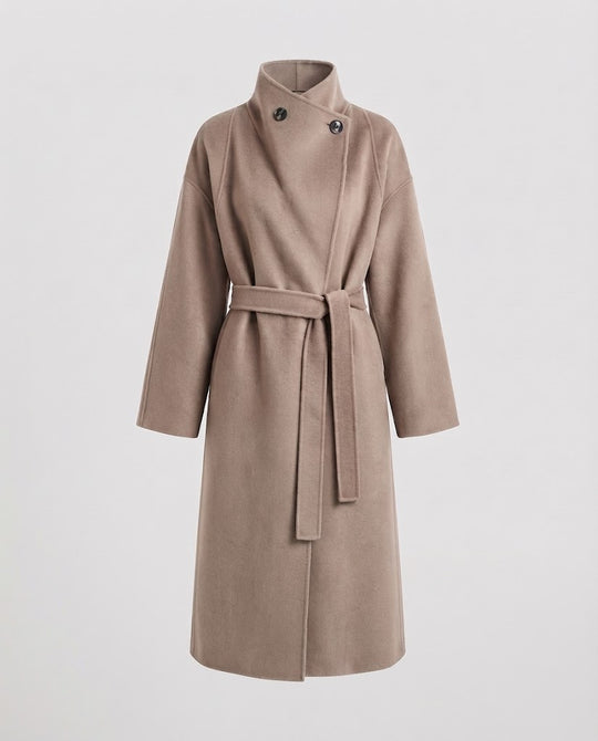 Damen Longline‑Mantel mit hohem Stehkragen, taillierendem Bindegürtel und überschnittenen Ärmeln Nord Taschen