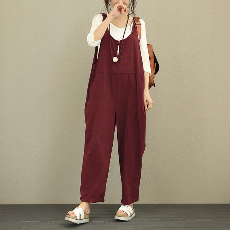 Damen Lässiger Baumwoll-Overall mit weitem Bein und verstellbaren Trägern Nord Taschen