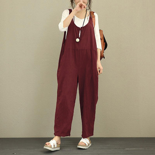 Damen Lässiger Baumwoll-Overall mit weitem Bein und verstellbaren Trägern Nord Taschen