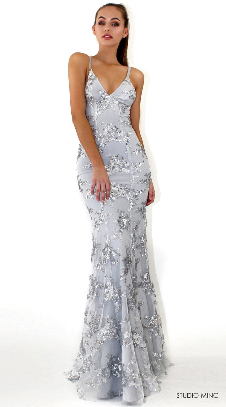 Damen Glamouröses langes Abendkleid mit Pailletten und tiefem V-Ausschnitt