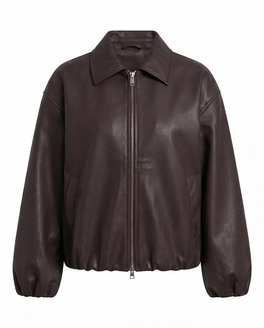 Damen Oversized Lederlook Blouson mit Hemdkragen, Reißverschluss und elastischem Saum Nord Taschen