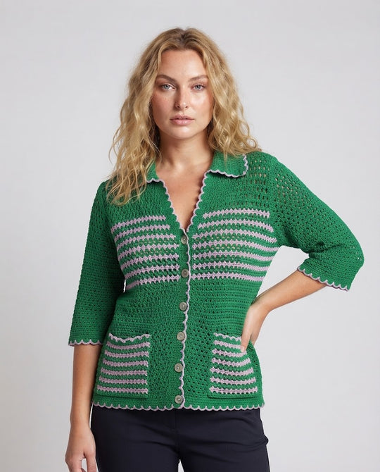 Damen Häkelcardigan mit kastigem Schnitt, kontrastierten Streifen und aufgesetzten Taschen Nord Taschen