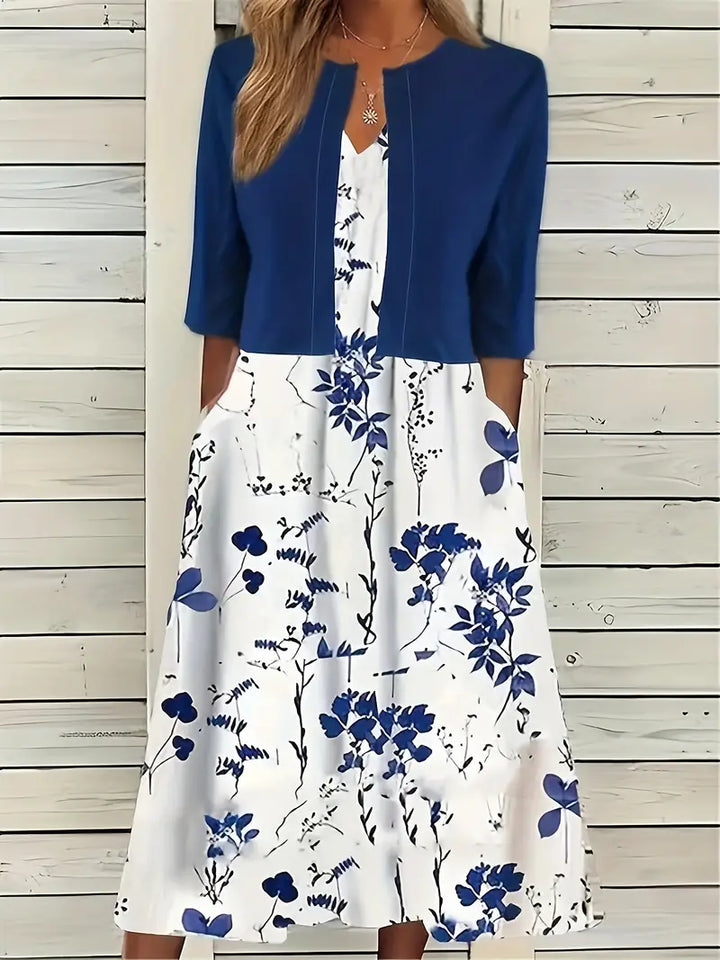 elegantes zweiteiliges Blumenkleid-Set mit einfarbigem Crop-Top und Kleid mit Rundhalsausschnitt