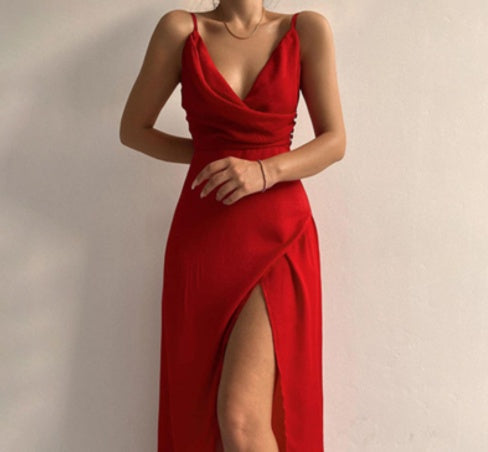 V-Ausschnitt Midikleid mit Druck und Schlitz