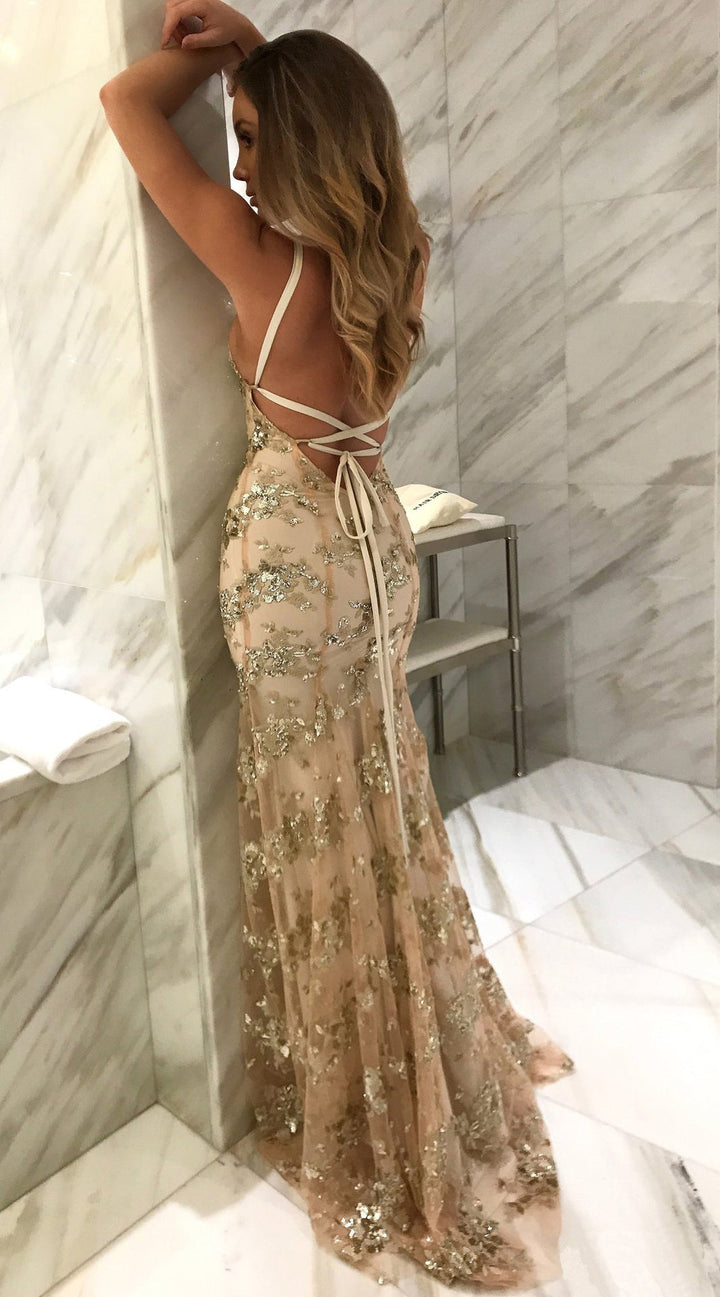 Damen Glamouröses langes Abendkleid mit Pailletten und tiefem V-Ausschnitt