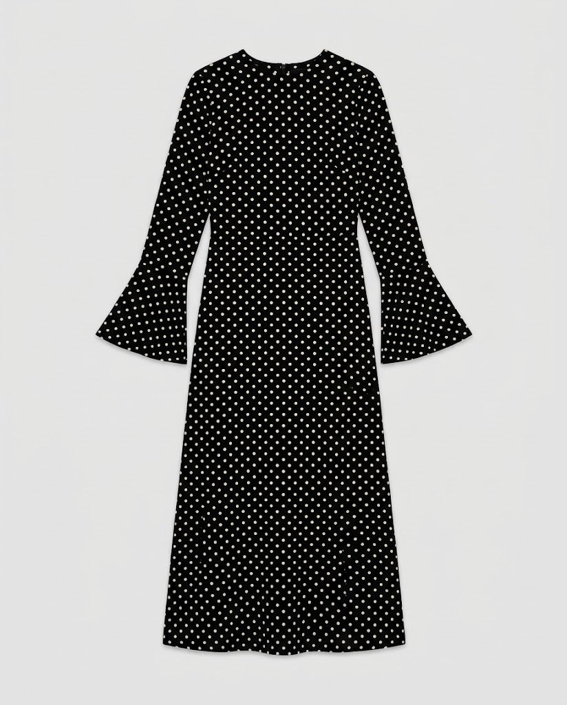 Damen Maxikleid mit taillierter A-Linien‑Silhouette, langen Trompetenärmeln und Pünktchenmuster Nord Taschen