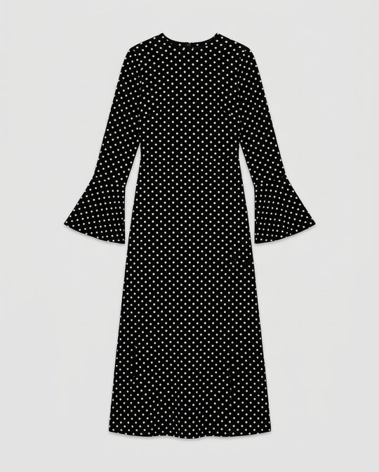 Damen Maxikleid mit taillierter A-Linien‑Silhouette, langen Trompetenärmeln und Pünktchenmuster Nord Taschen