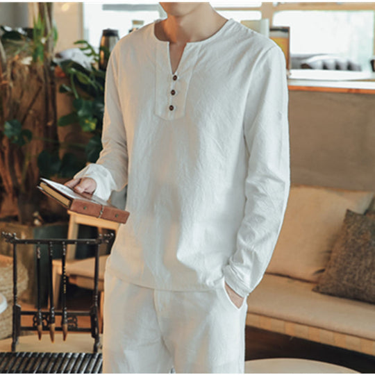 Herren Langärmeliges Henley-Hemd mit Stehkragen, Kurzknopfleiste und Relaxed Fit Nord Taschen