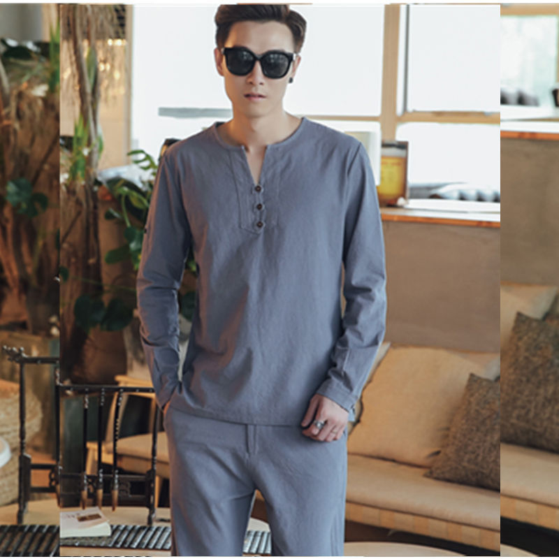 Herren Langärmeliges Henley-Loungewear-Oberteil mit Stehkragen und dekorativer Knopfleiste Nord Taschen