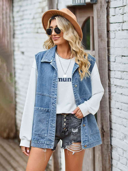 Knopf-Front Ärmellose Jeansjacke - Vittorelli