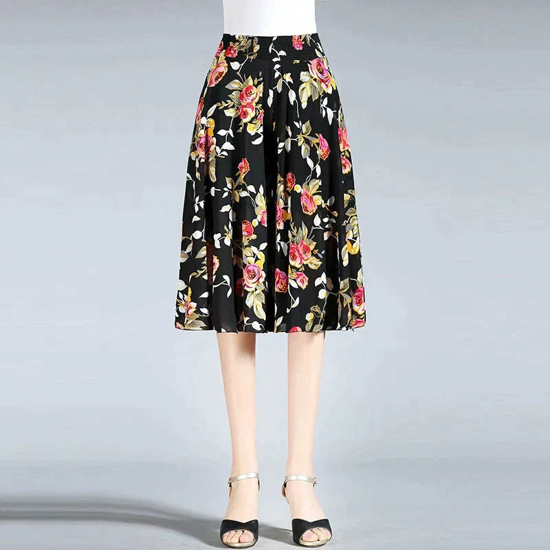 Damen Chiffon Culottes mit Breiten Beinen und Hoher Elastischer Taille