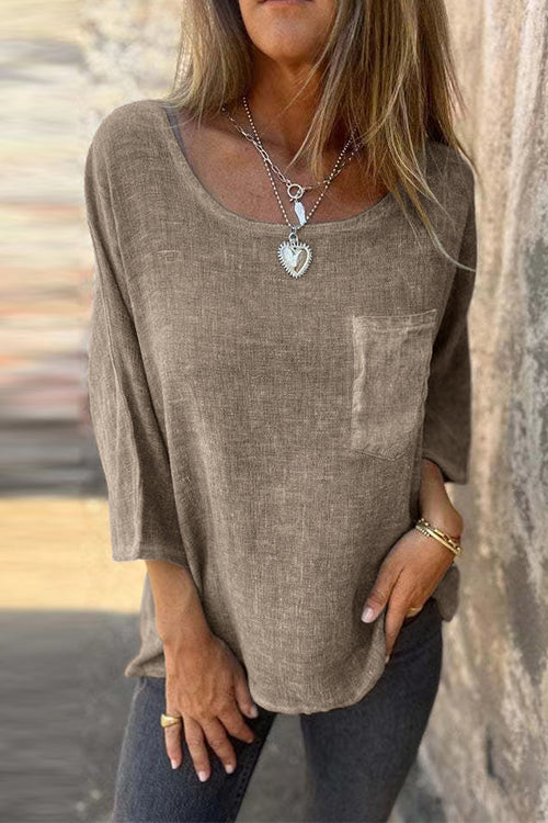 Rosiedress 3/4 Ärmel mit Taschen Baumwolle Leinen Lässiges T-Shirt