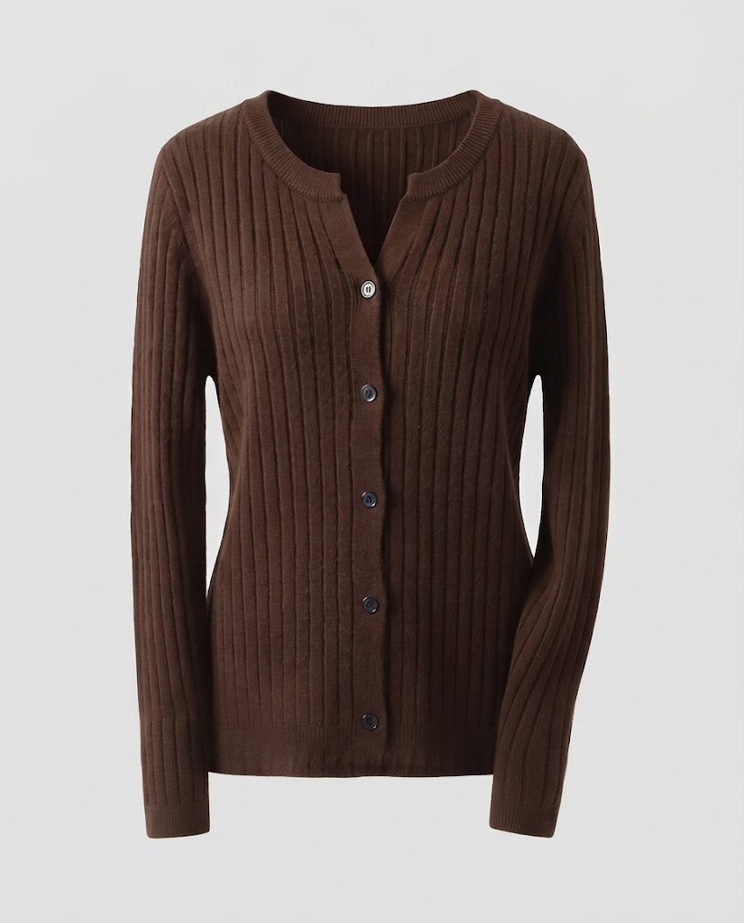 Damen Gestrickter Rippen-Cardigan mit dezentem V-Ausschnitt und Knopfleiste Nord Taschen