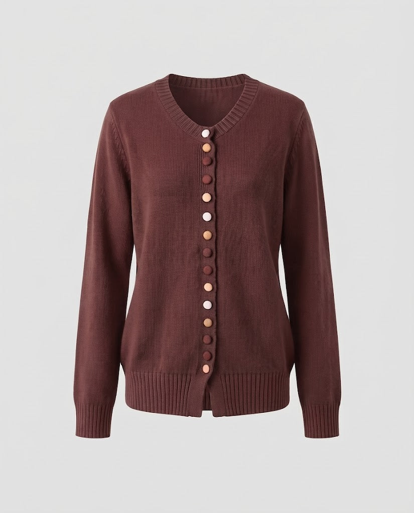 Damen Feiner V-Ausschnitt-Cardigan mit mehrfarbigen Zierknöpfen und geripptem Saum Nord Taschen