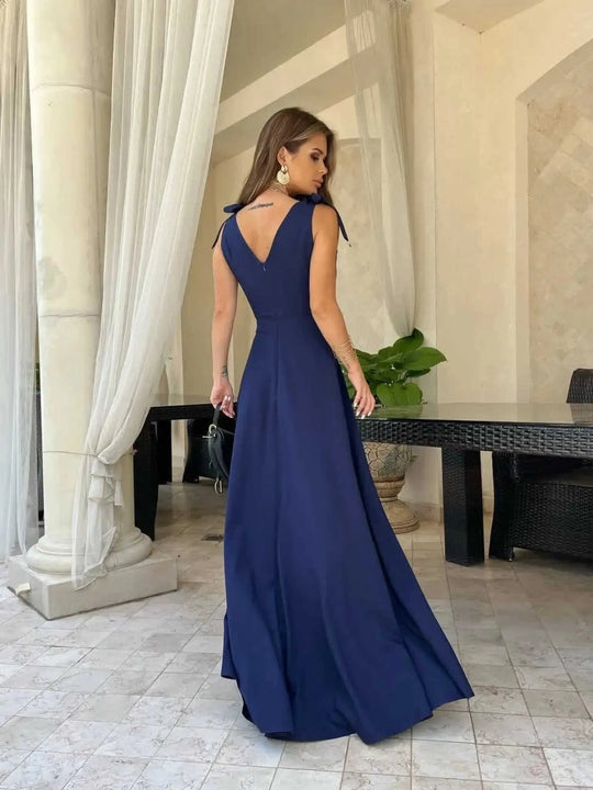 Damen Maxi-Kleid mit Kreuz V-Ausschnitt und Schleife