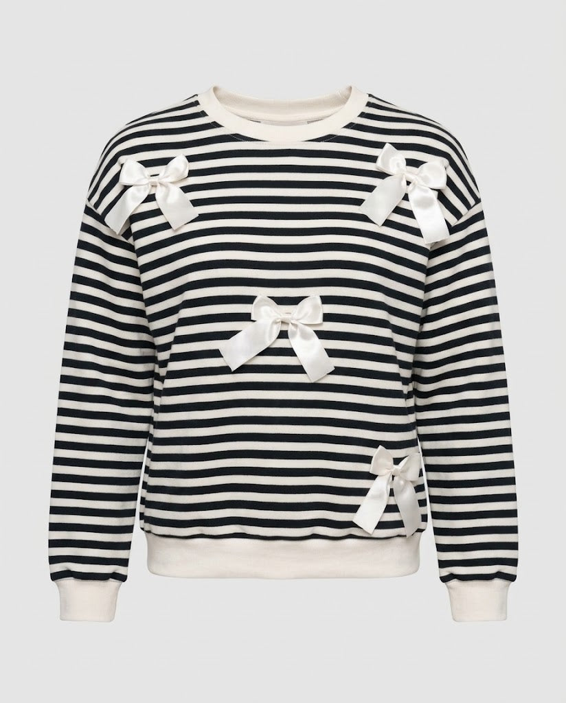 Damen Lässiger gestreifter Sweatpullover mit dekorativen Satinschleifen & gerippten Bündchen Nord Taschen