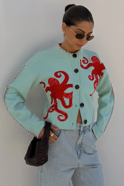 Strandstrick-Cardigan mit nautischem Oktopus-Design