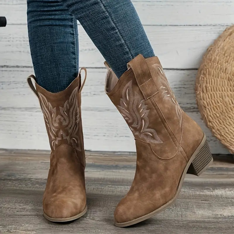 Vintage Western Cowboy-Stiefel mit V-Ausschnitt-Stickerei und Blockabsatz