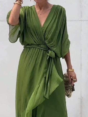 Damen Chiffonkleid Grün V-Ausschnitt Sommerkleid