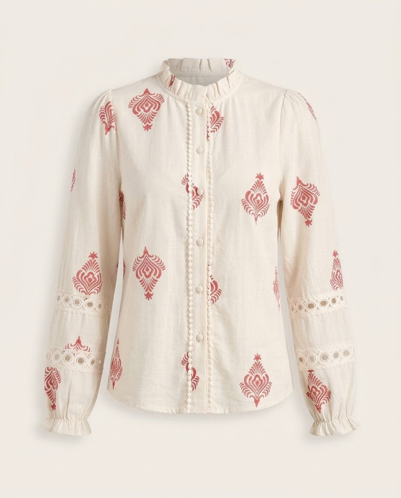 Damen Boho-Viskosebluse mit Stehkragen, Spitzenärmel-Detail und fein bezogener Knopfleiste Nord Taschen