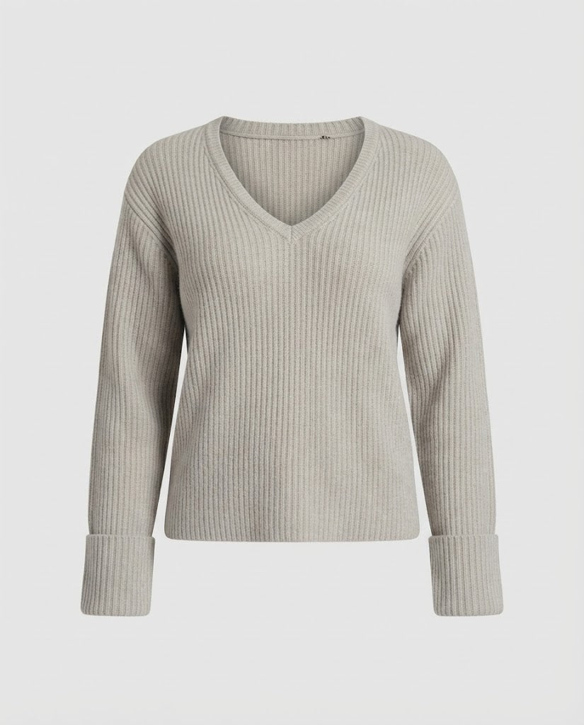 Damen Weicher Rippstrickpullover mit tiefem V‑Ausschnitt und voluminösen Ärmeln Nord Taschen
