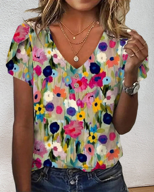 Nord Taschen | Kurzärmlige Farbenfrohe Blumenbluse mit V-Ausschnitt