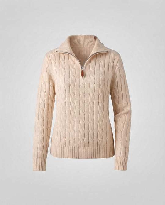 Damen Kabelstrick-Pullover mit halbem Reißverschluss und Stehkragen Nord Taschen