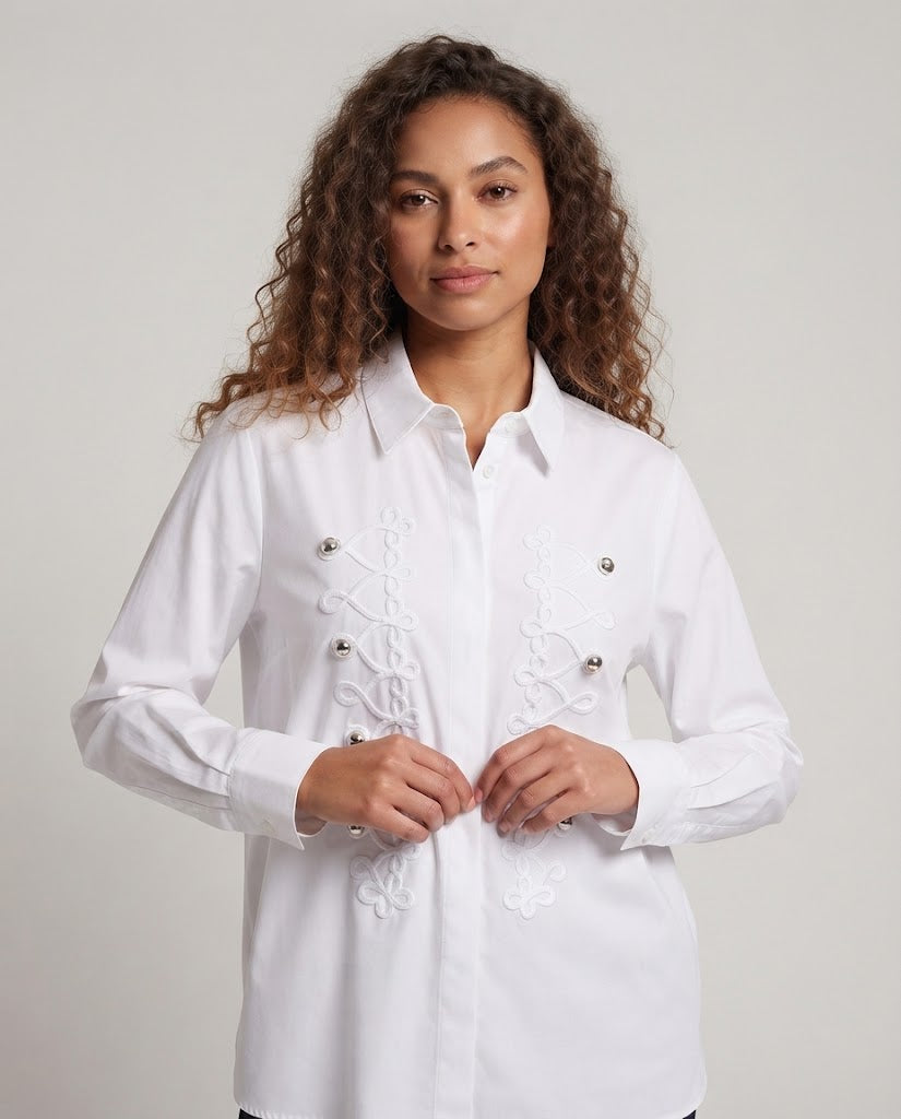 Damen Bluse mit dekorativen Kordelapplikationen und verdeckter Knopfleiste Nord Taschen
