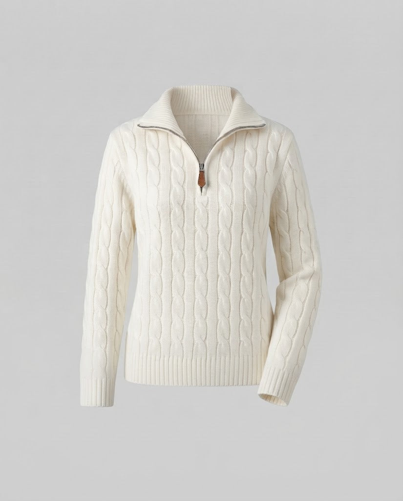 Damen Kabelstrick-Pullover mit halbem Reißverschluss und Stehkragen Nord Taschen