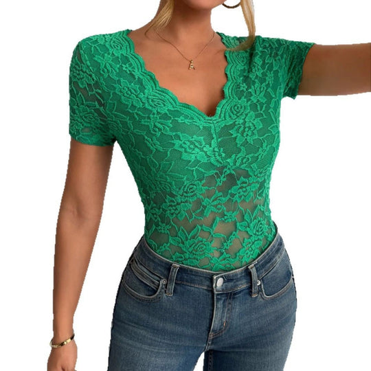Damen Einfarbig Sexy Spitze V-Ausschnitt Kurzarm