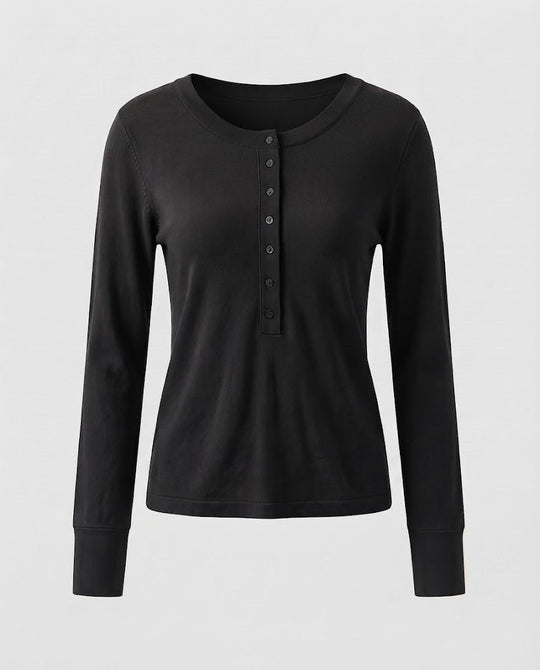 Damen Feines Langarm-Henley aus Feinstrick mit knöpfbarer Mittelblende und schmaler Passform Nord Taschen