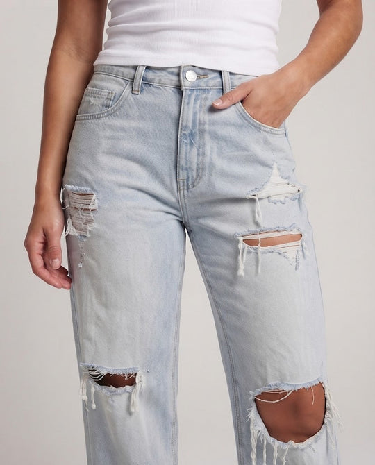 Damen Weite Distressed-Jeans mit hoher Taille und großen Rissen Nord Taschen