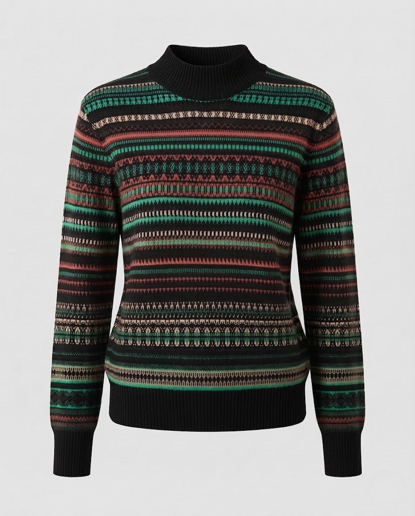Damen Jacquard-Feinstrickpullover mit kurzem Stehkragen, kastiger Silhouette und Multistreifen-Design Nord Taschen