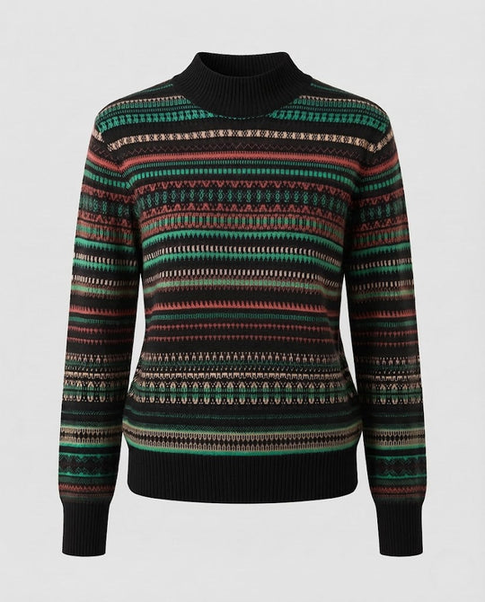 Damen Jacquard-Feinstrickpullover mit kurzem Stehkragen, kastiger Silhouette und Multistreifen-Design Nord Taschen