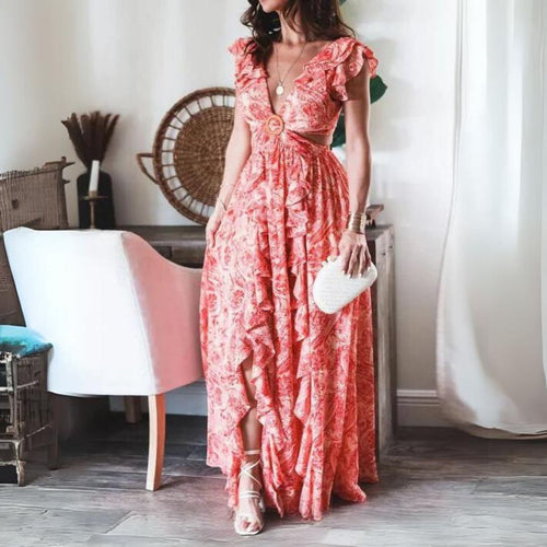 G Nord Taschenlümtes Maxikleid mit Rüschenärmeln und ausgeschnittener Taille