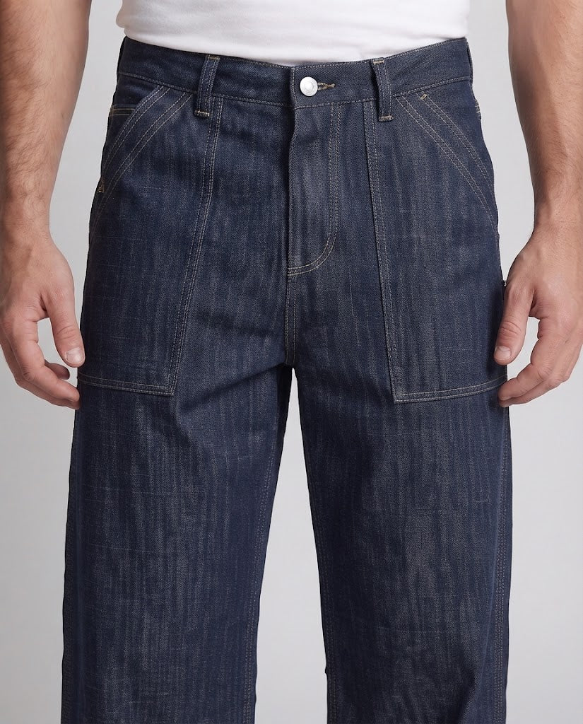 Herren Denim-Palazzo-Hose im ultraweiten Baggy-Cut mit sichtbaren Ziernähten und aufgesetzten Vordertaschen Nord Taschen